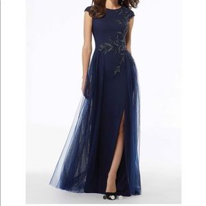 Elegant Four Way Spandex Jewel Neckline A-Line Gown with Beading and Side Slit